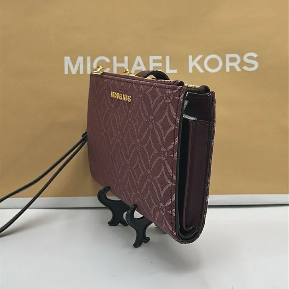 Michael Kors Jet Set Travel Lg Double-Zip Wristlet-Wallet-PhoneHolder Oxblood